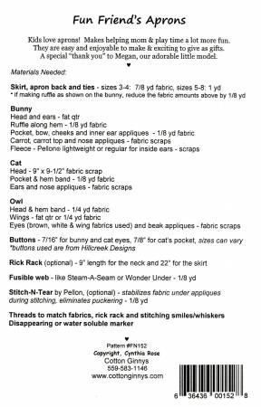Pattern, Fun Friends Child's Apron, Cat, Bunny Owl